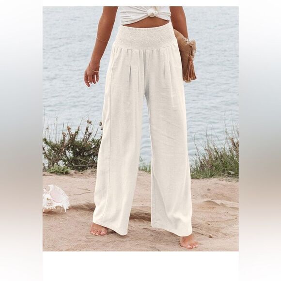Elegant white linen, Palazio pants with pockets . - Picture 2 of 6
